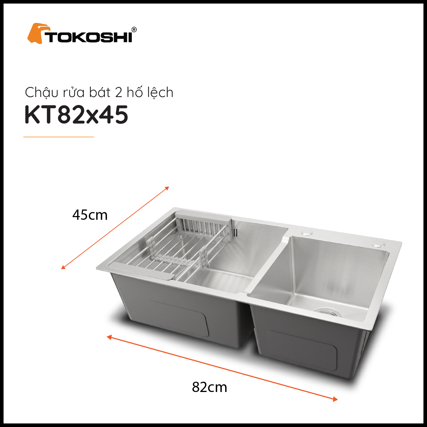 Chậu rửa bát 2 hố lệch Tokoshi (KT 82 x 45cm)