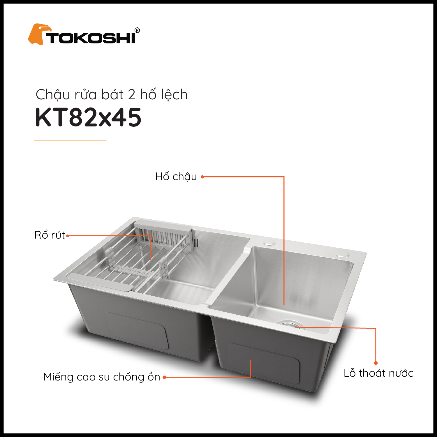 Chậu rửa bát 2 hố lệch Tokoshi (KT 82 x 45cm)