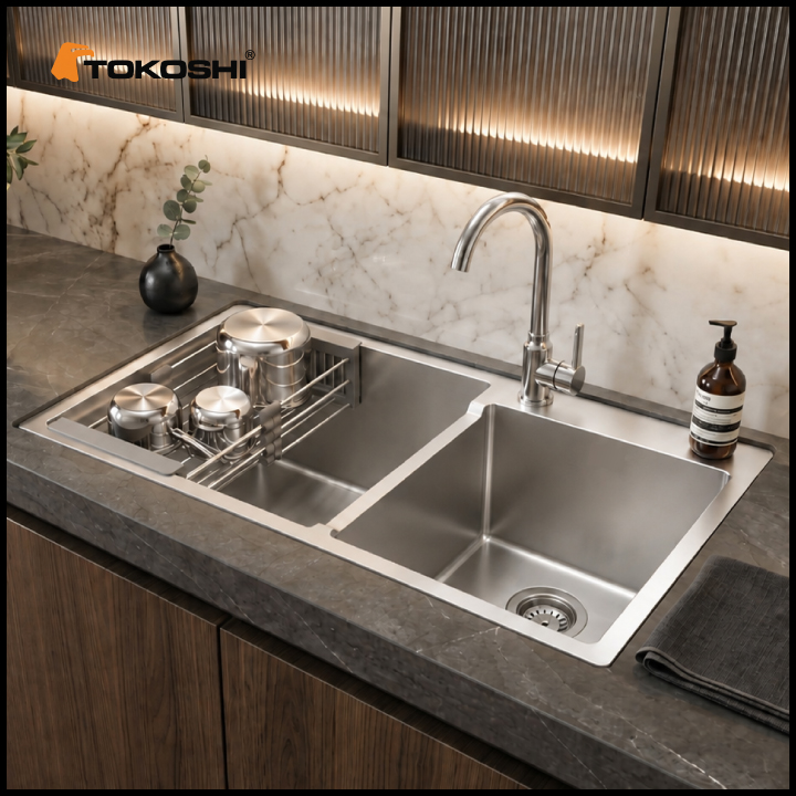 Chậu rửa bát 2 hố lệch Tokoshi (KT 82 x 45cm)