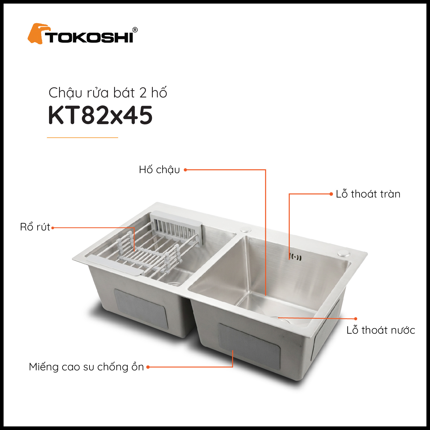 Chậu rửa bát 2 hố Tokoshi (KT 82cm x 45cm)